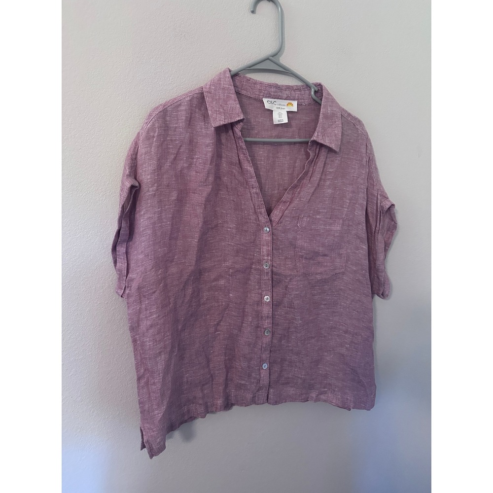 C&C California 100% Linen Button Down Shirt Large Purple Short Sleeve Top Preppy - Picture 2 of 5